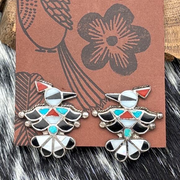 1970s Native American ZUNI Sterling Multi Stone Inlay Thunderbird Clip Earrings - Picture 1 of 3